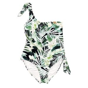 Nip Tuck One Shoulder One Piece Swimsuit Tummy Control Green Palm Leaf Size 10
